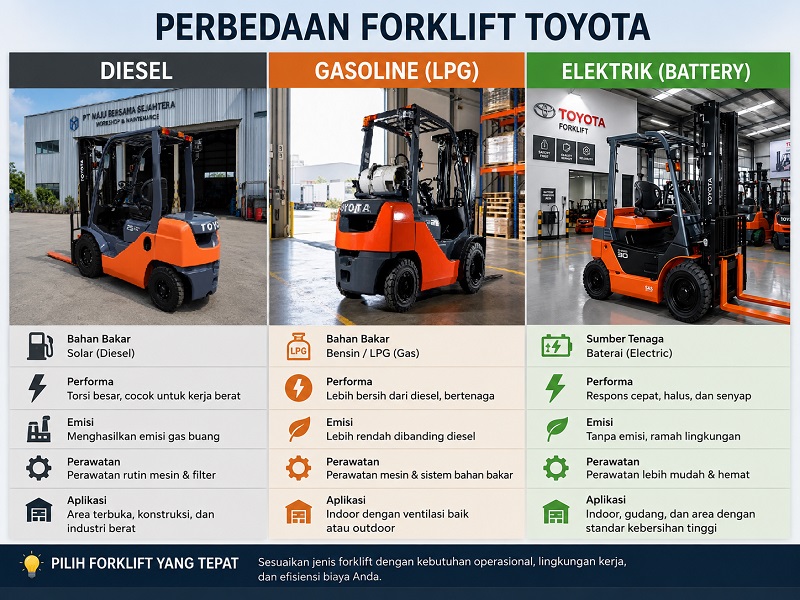 Perbedaan Forklift Toyota Diesel, Elektrik, dan LPG